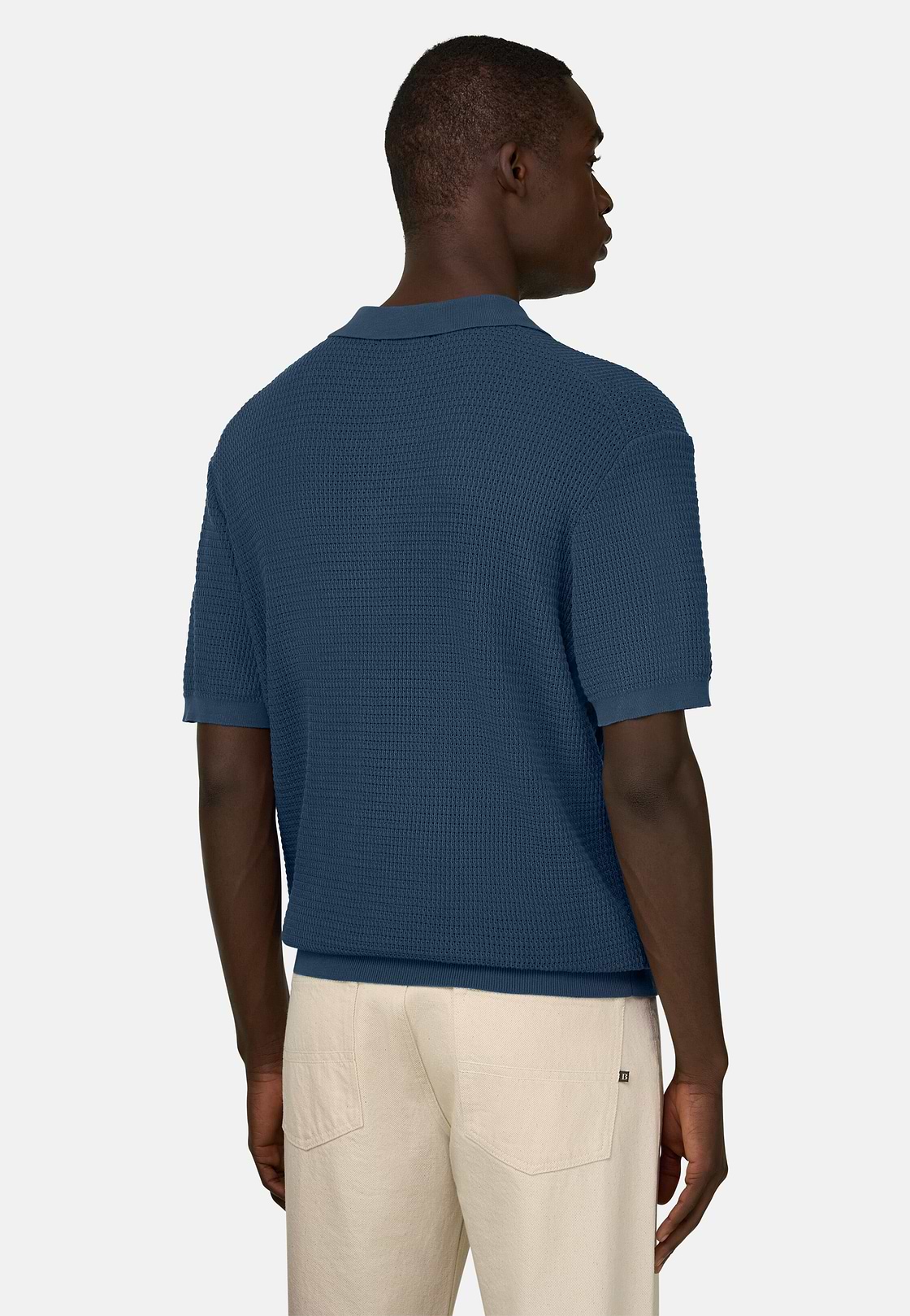 Knitted Polo Shirt in 100% Organic Cotton, Blue, hi-res, 3