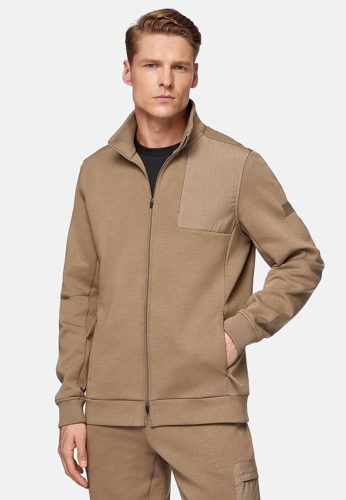 Full-Zip Hoodie In Lightweight Cotton Blend Scuba, Beige, hi-res