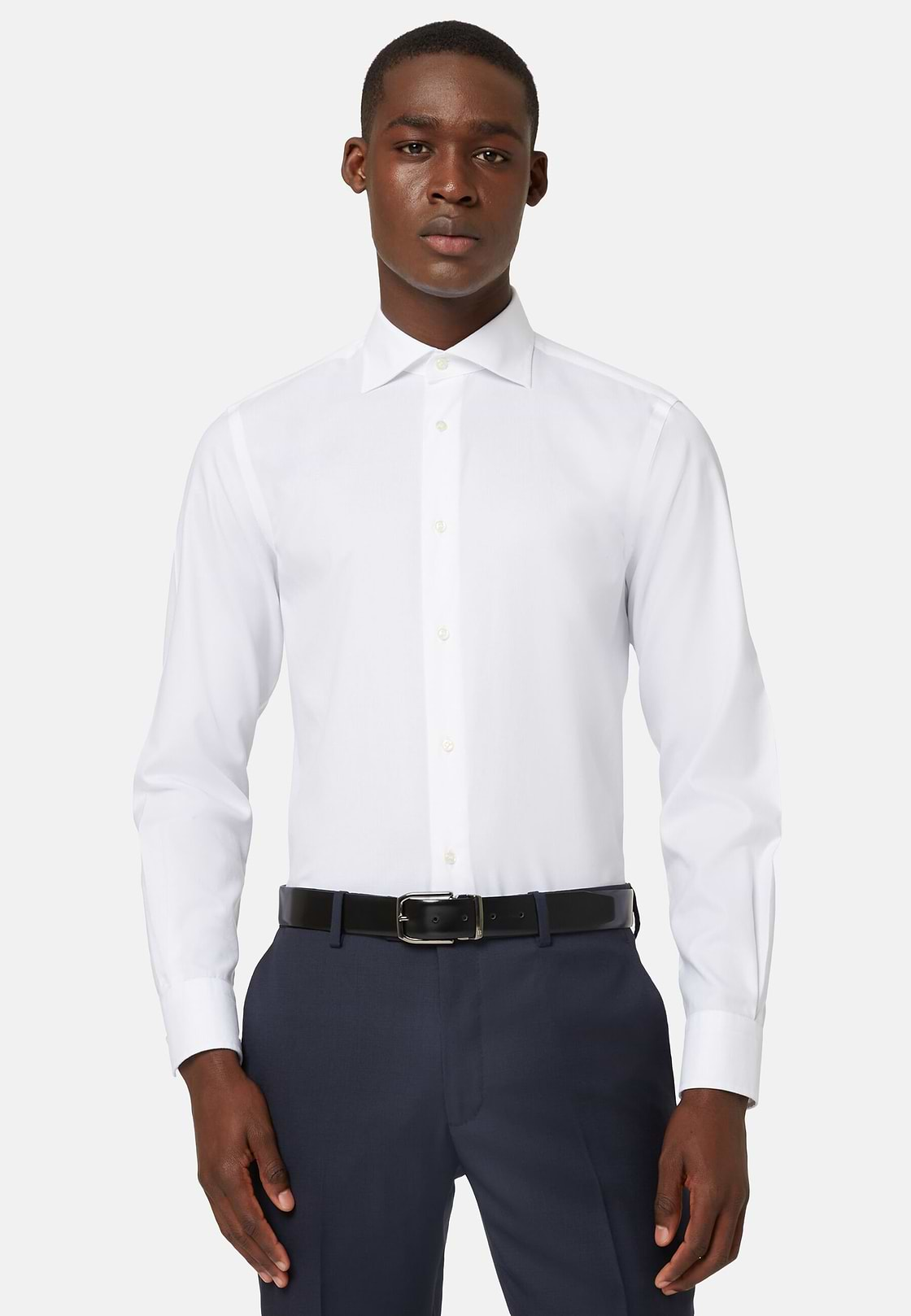 Camisa Blanca De Sarga De Algodón Slim Fit, Blanco, hi-res