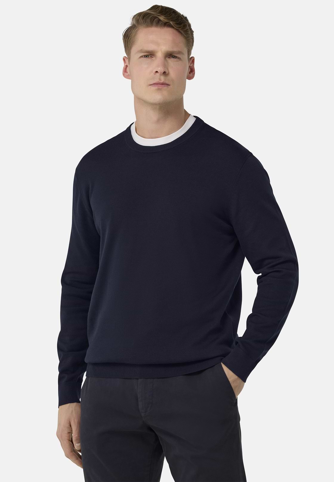 Cotton Crew Neck Jumper, Navy blue, hi-res