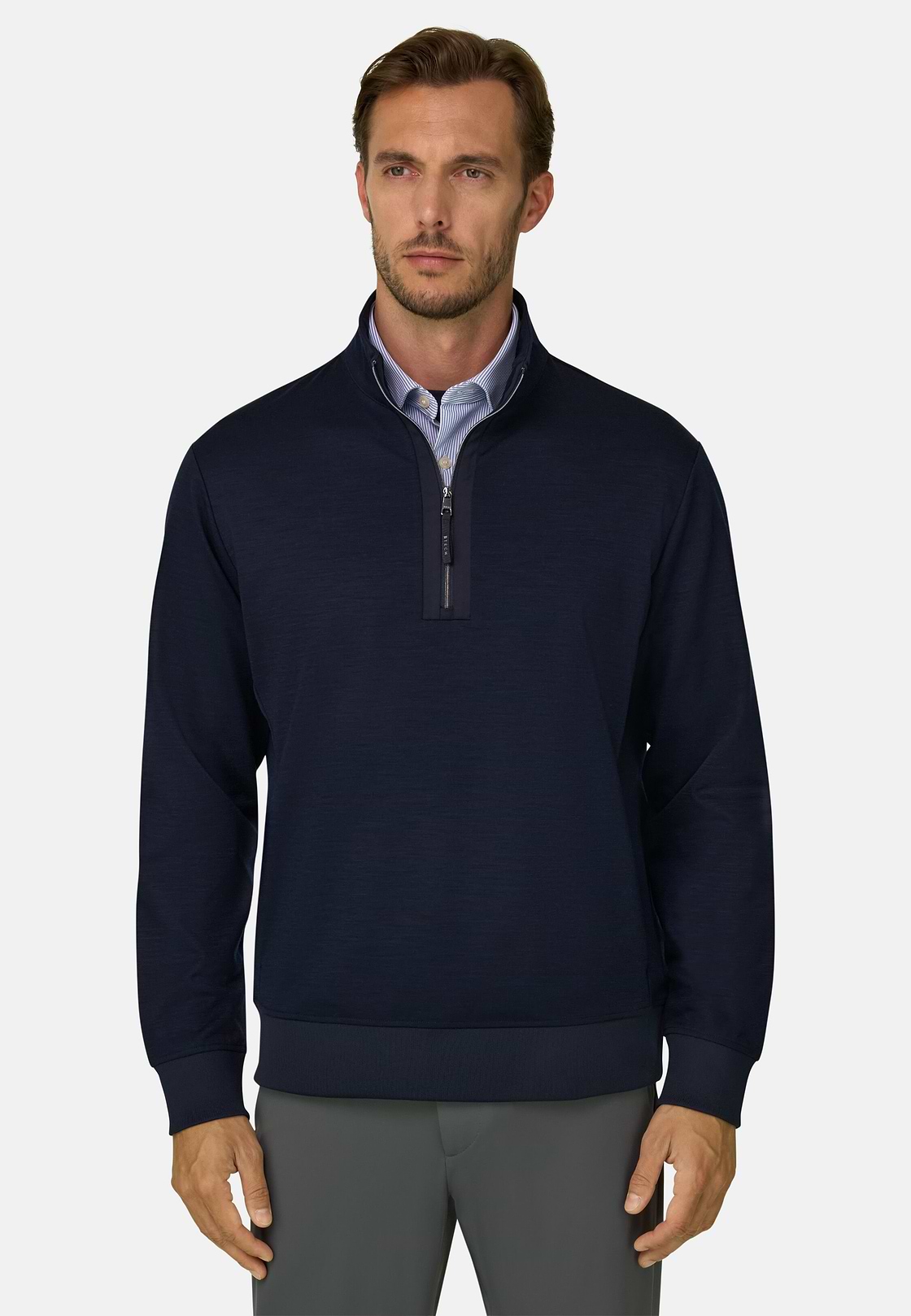 Quarter-Zip Sweatshirt in Wool Blend WOOLTECH, Navy blue, hi-res, 1