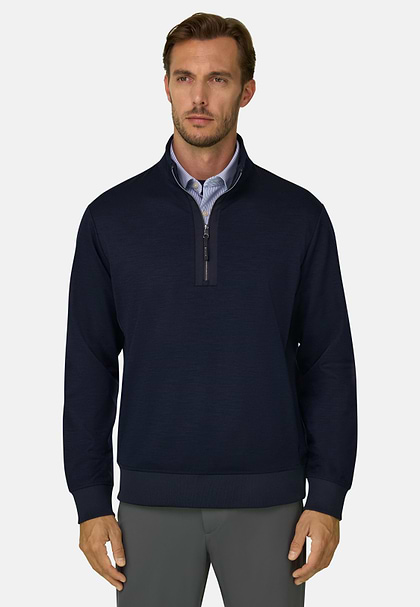 Bluza z Pół Zamka w Mieszaninie Wełny WOOLTECH, Navy blue, hi-res
