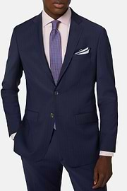 Blue Pinstripe Suit In Stretch Wool And Nylon, Blue, hi-res