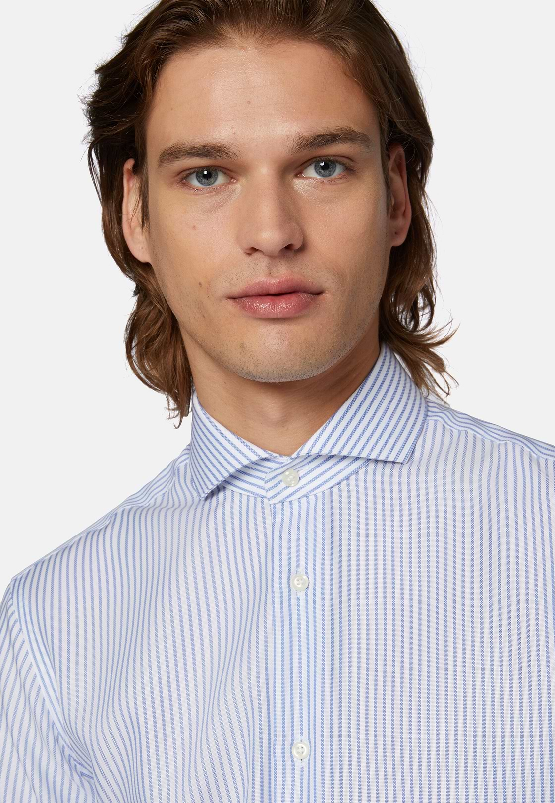 Chemise À Rayures Bleu Ciel En Coton Dobby Slim Fit, Bleu clair, hi-res