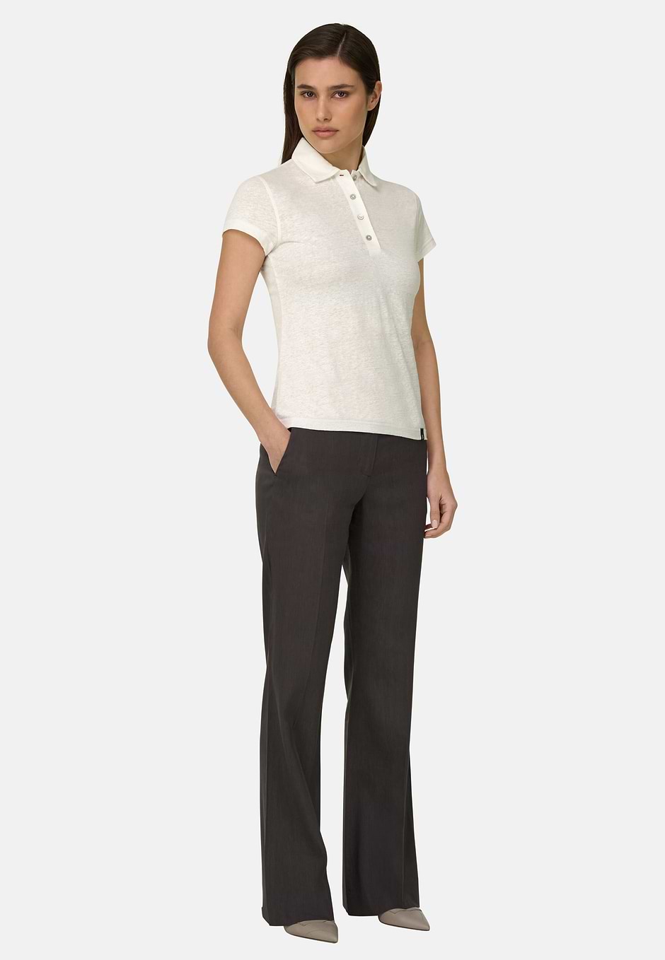 Polo Aus Stretch-Leinen, Weiß, hi-res