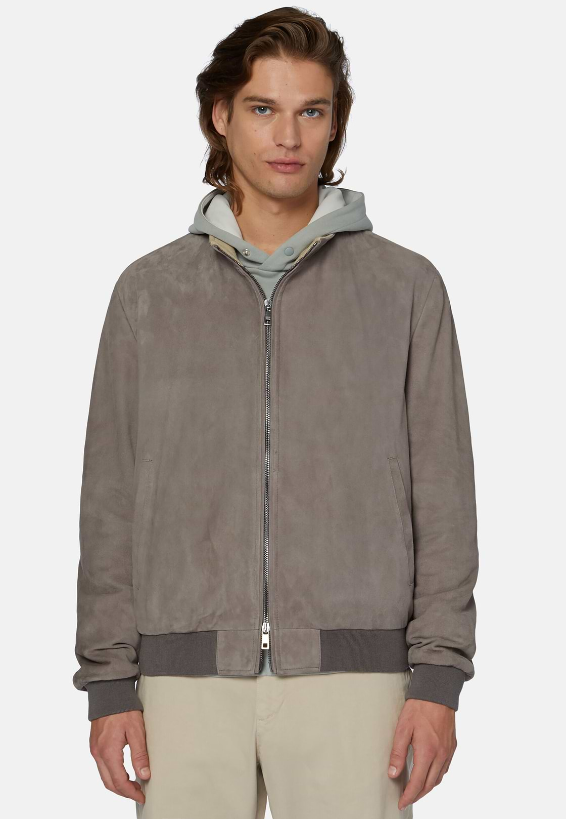 Bomber Jacket in Genuine Suede Leather, Mud, hi-res