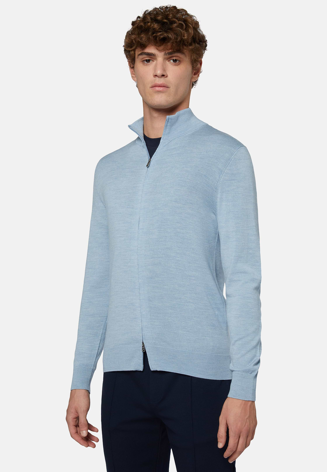 Sky Blue Full Zip Jumper In Merino Wool, Light Blue, hi-res