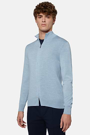 Sky Blue Full Zip Jumper In Merino Wool, Light Blue, hi-res