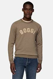 Brown Crew Neck Jumper In Cotton Cashmere Blend, Brown, hi-res