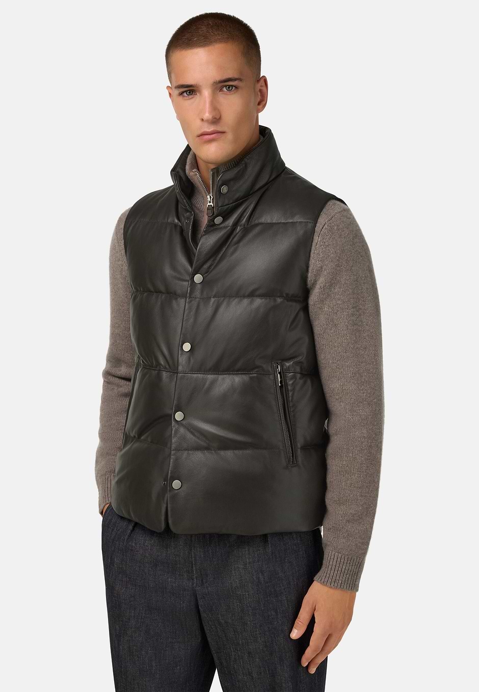Genuine Leather Gilet With Down Padding, Brown, hi-res