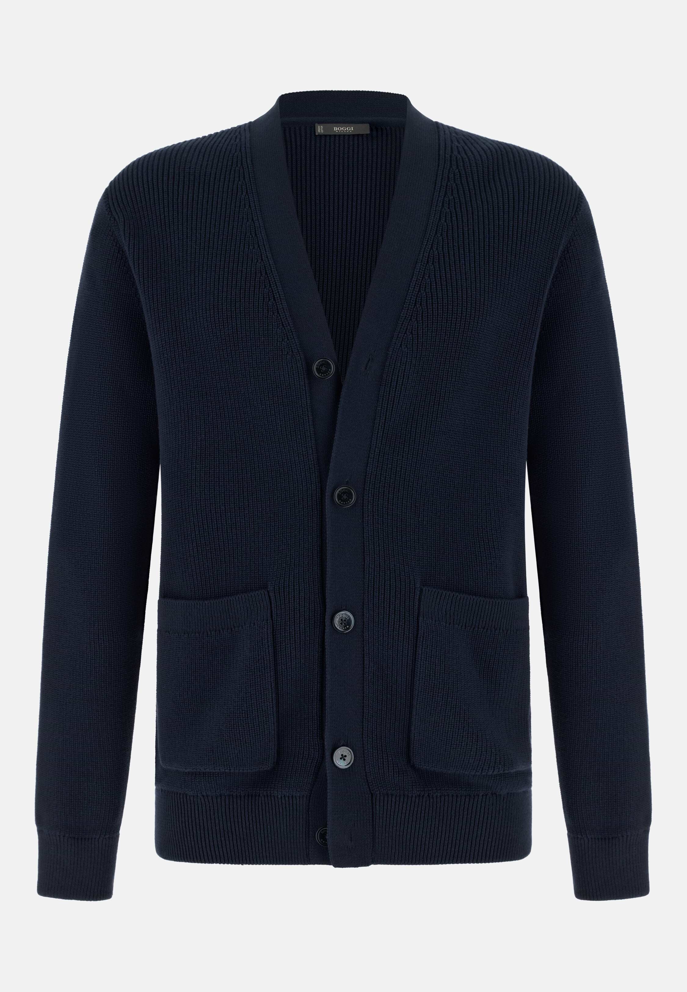 Men's Knitted Cardigan in 100% Organic Cotton, Navy blue | Boggi