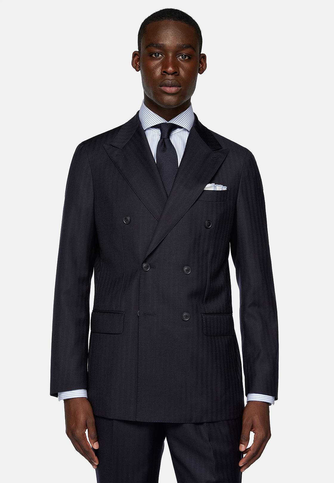 Navy Blue Herringbone Double-Breasted Suit in Pure Wool, Navy blue, hi-res