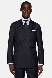 Navy Blue Herringbone Double-Breasted Suit in Pure Wool, Navy blue, hi-res