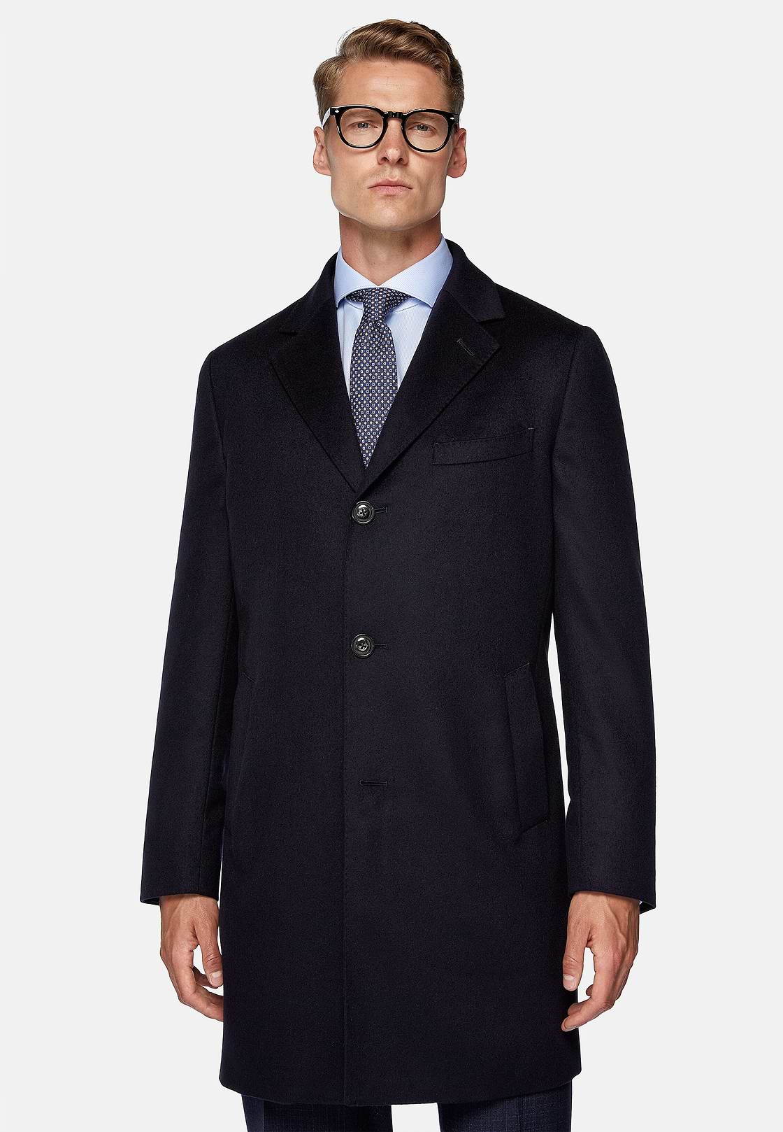 Single-breasted coat in pure cashmere., Navy blue, hi-res