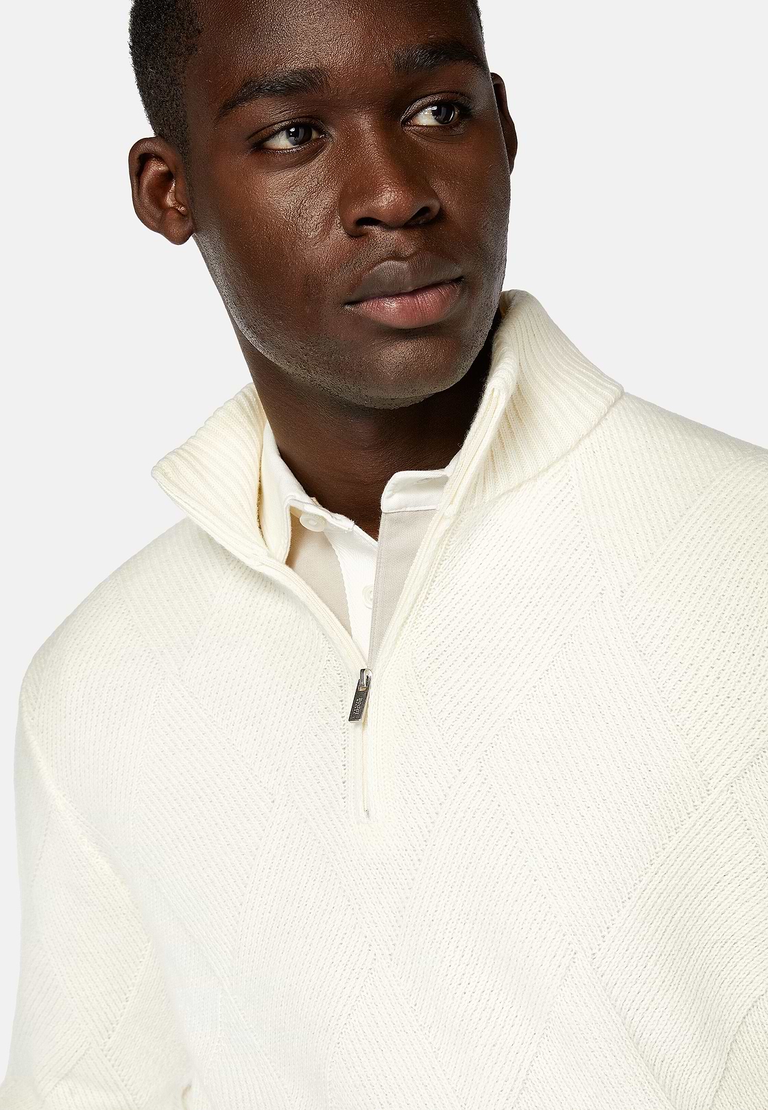 Pull Blanc Demi-Zip En Laine Nylon, Blanc, hi-res