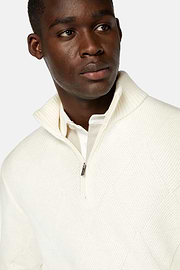 Pull Blanc Demi-Zip En Laine Nylon, Blanc, hi-res