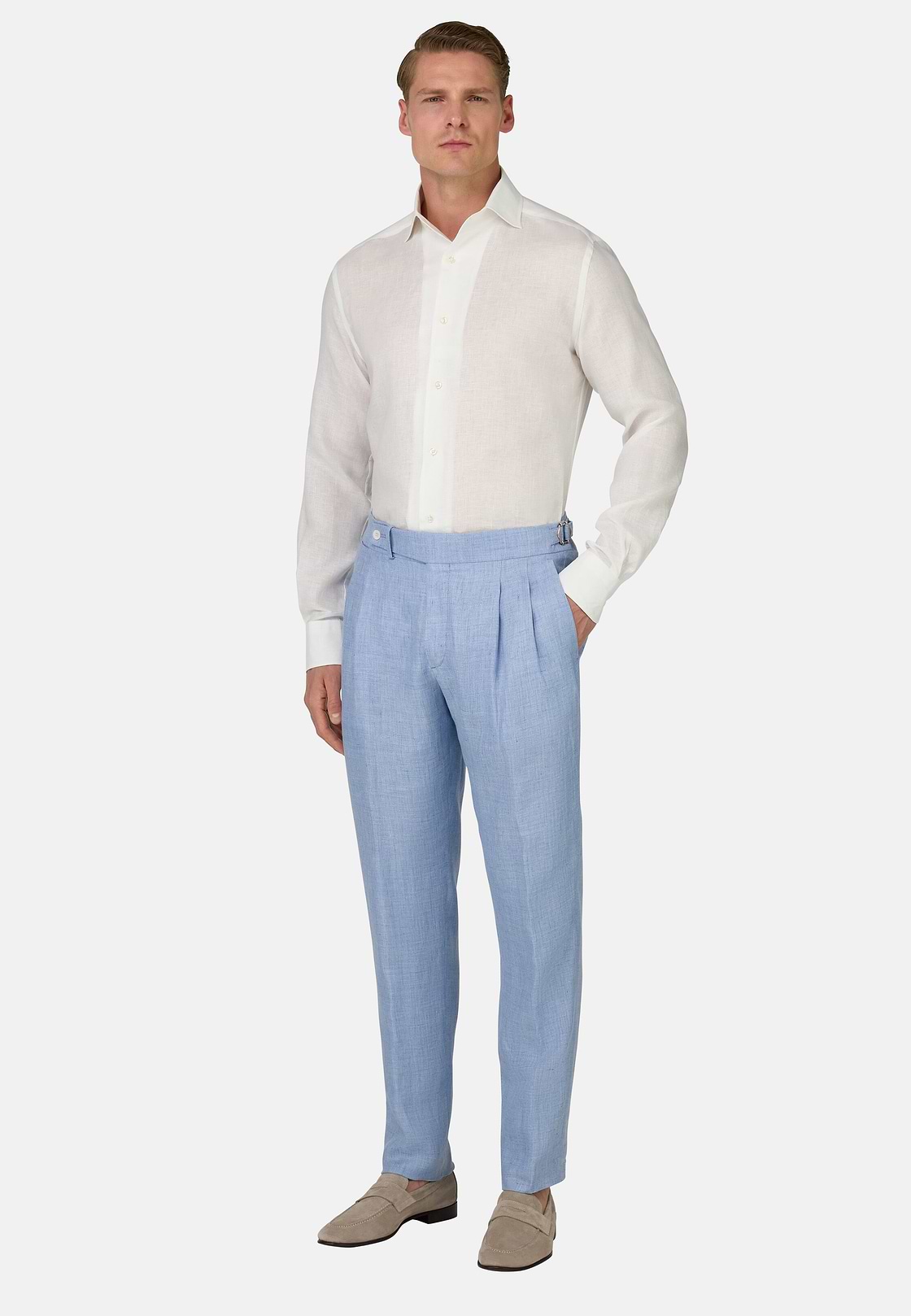 Pantaloni In Puro Lino, Azzurro, hi-res