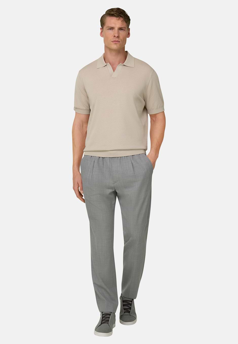 Gassed Cotton Open Collar Polo, Sand, hi-res