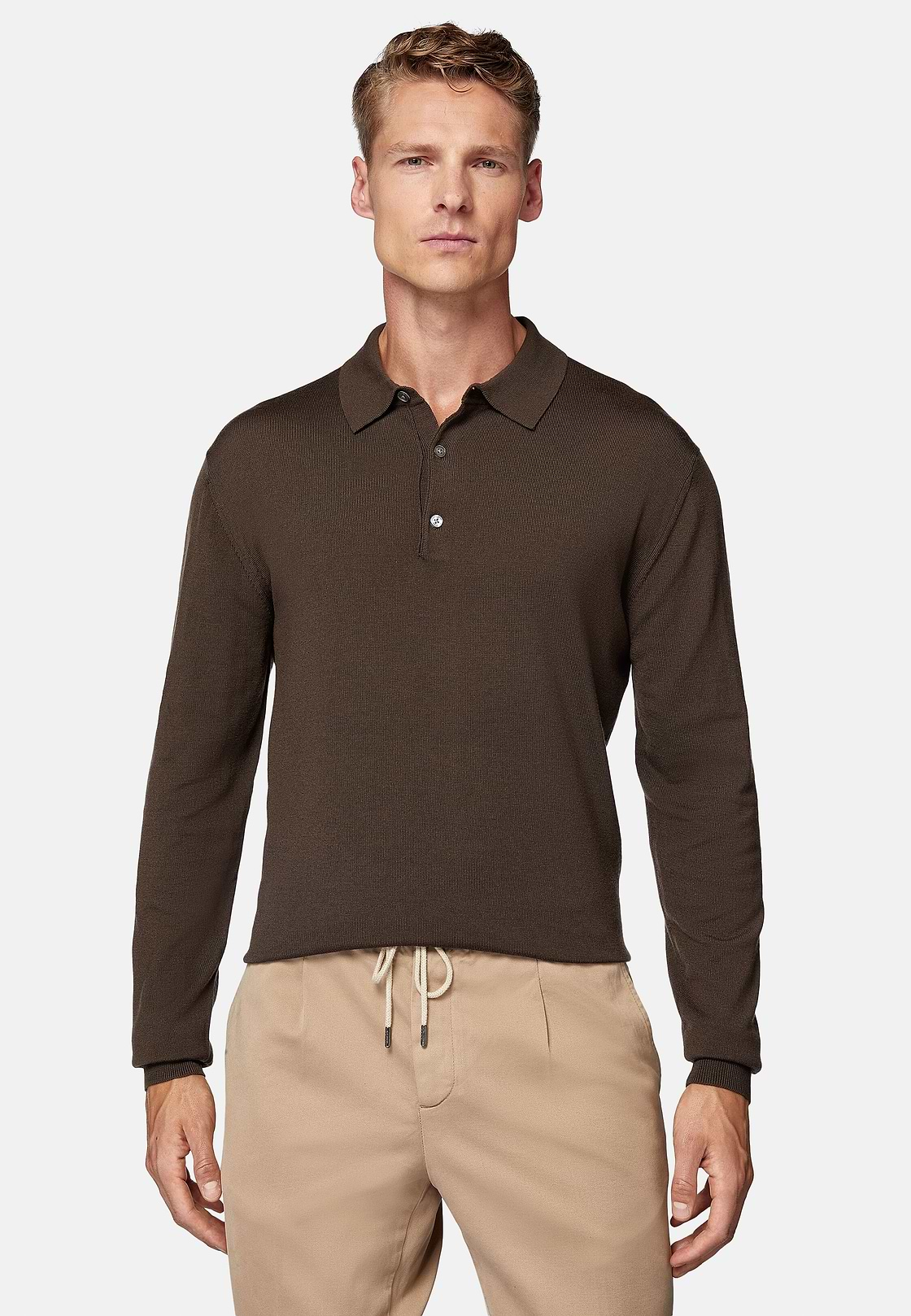 Camisa polo de lã de merino castanha, Brown, hi-res