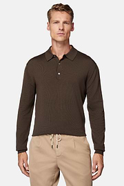 Bruin gebreid poloshirt van merinowol, Brown, hi-res