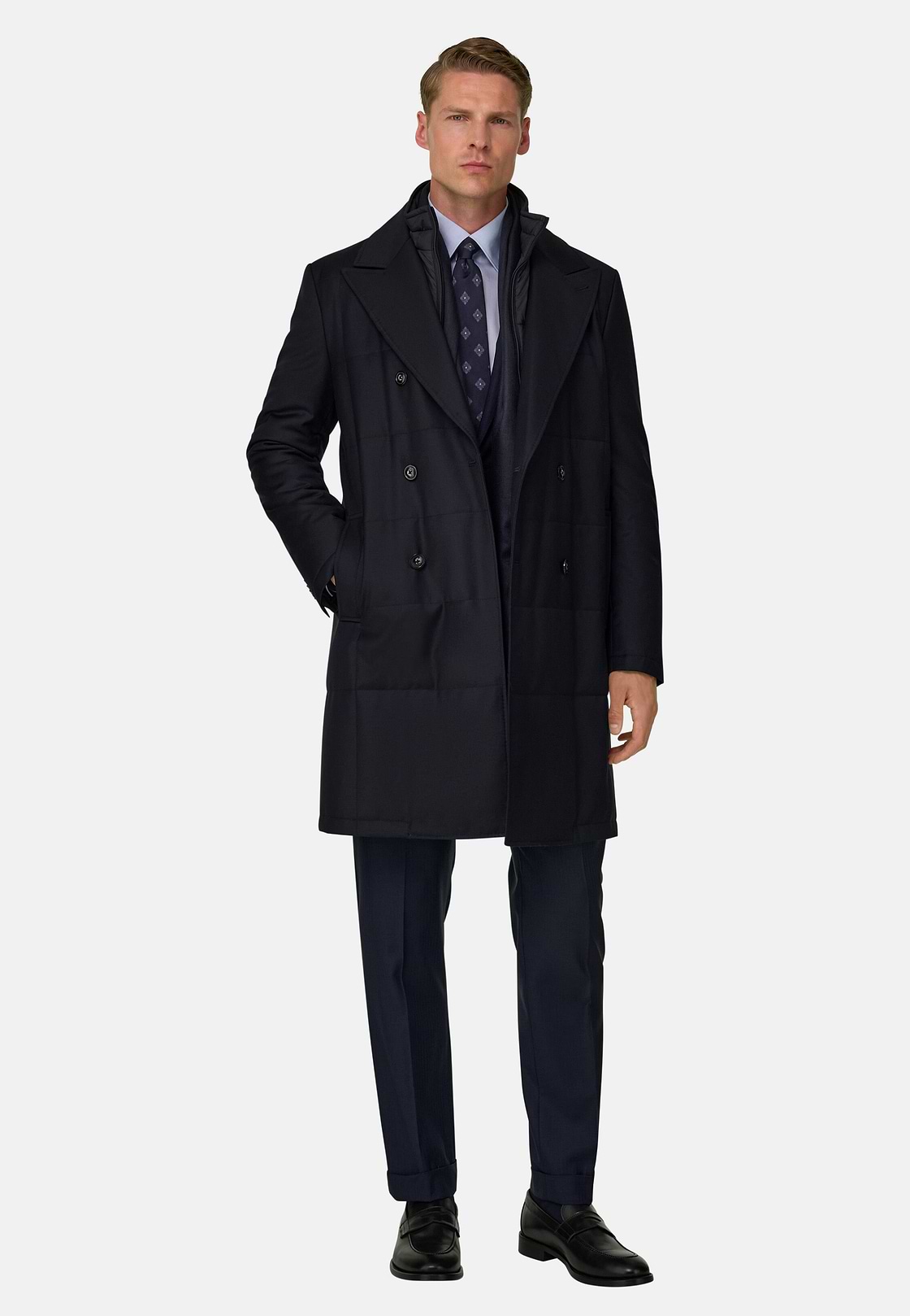 Double-Breasted Padded Coat with Removable Bib in Wool, Navy blue, hi-res, 2
