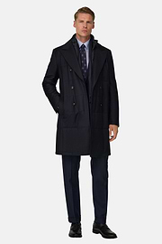 Double-Breasted Padded Coat with Removable Bib in Wool, Navy blue, thumb, 2