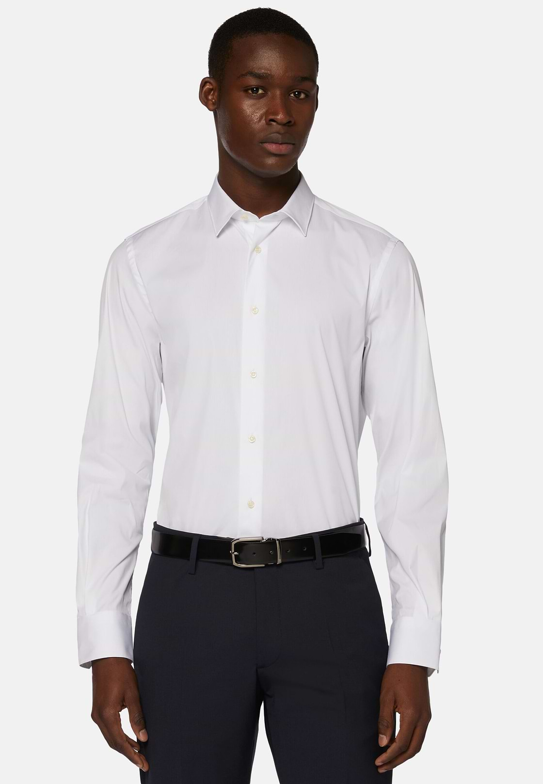 Camisa Blanca De Algodón Elástico Corte Slim, Blanco, hi-res