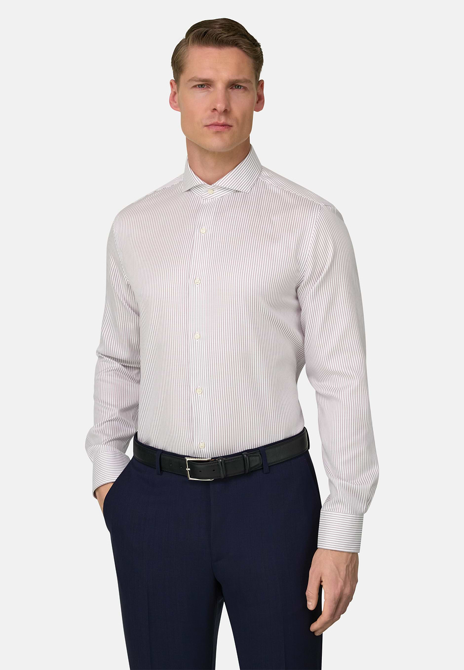 Slim Fit Striped Cotton Shirt, Brown, hi-res
