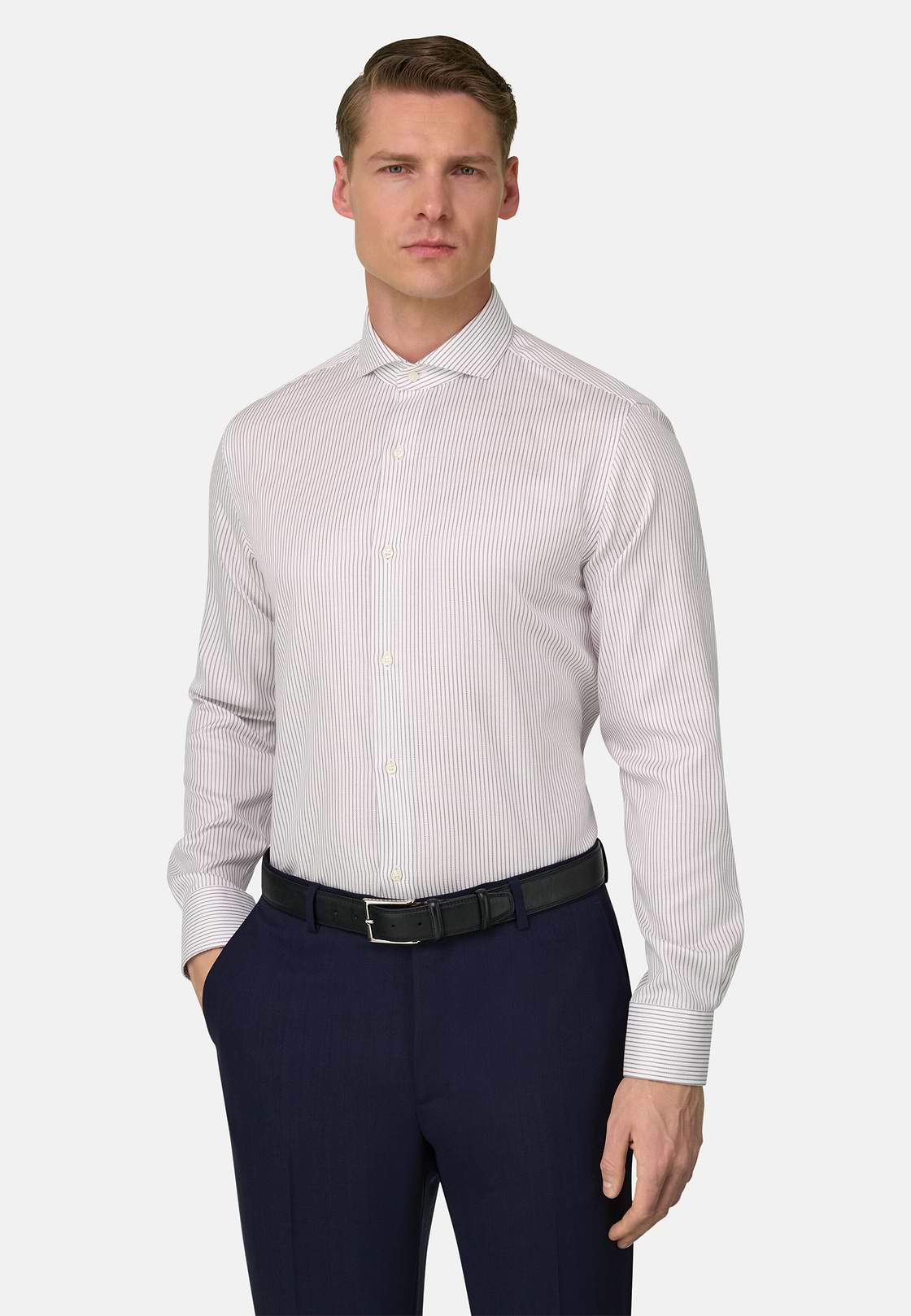Camicia A Righe In Cotone Slim Fit, Marrone, hi-res, 1