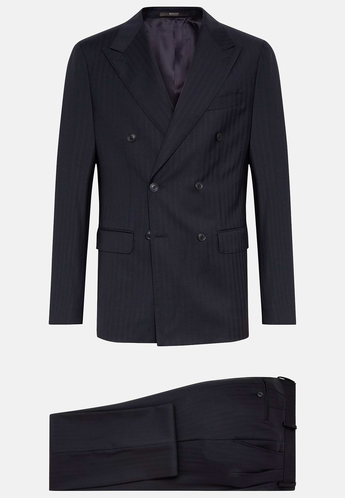 Navy Blue Herringbone Double-Breasted Suit in Pure Wool, Navy blue, hi-res