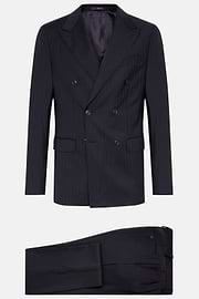 Navy Blue Herringbone Double-Breasted Suit in Pure Wool, Navy blue, hi-res