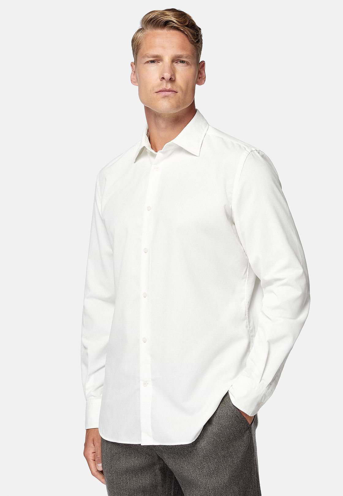 Camisa De Terciopelo De Algodón Regular Fit, Crema, hi-res