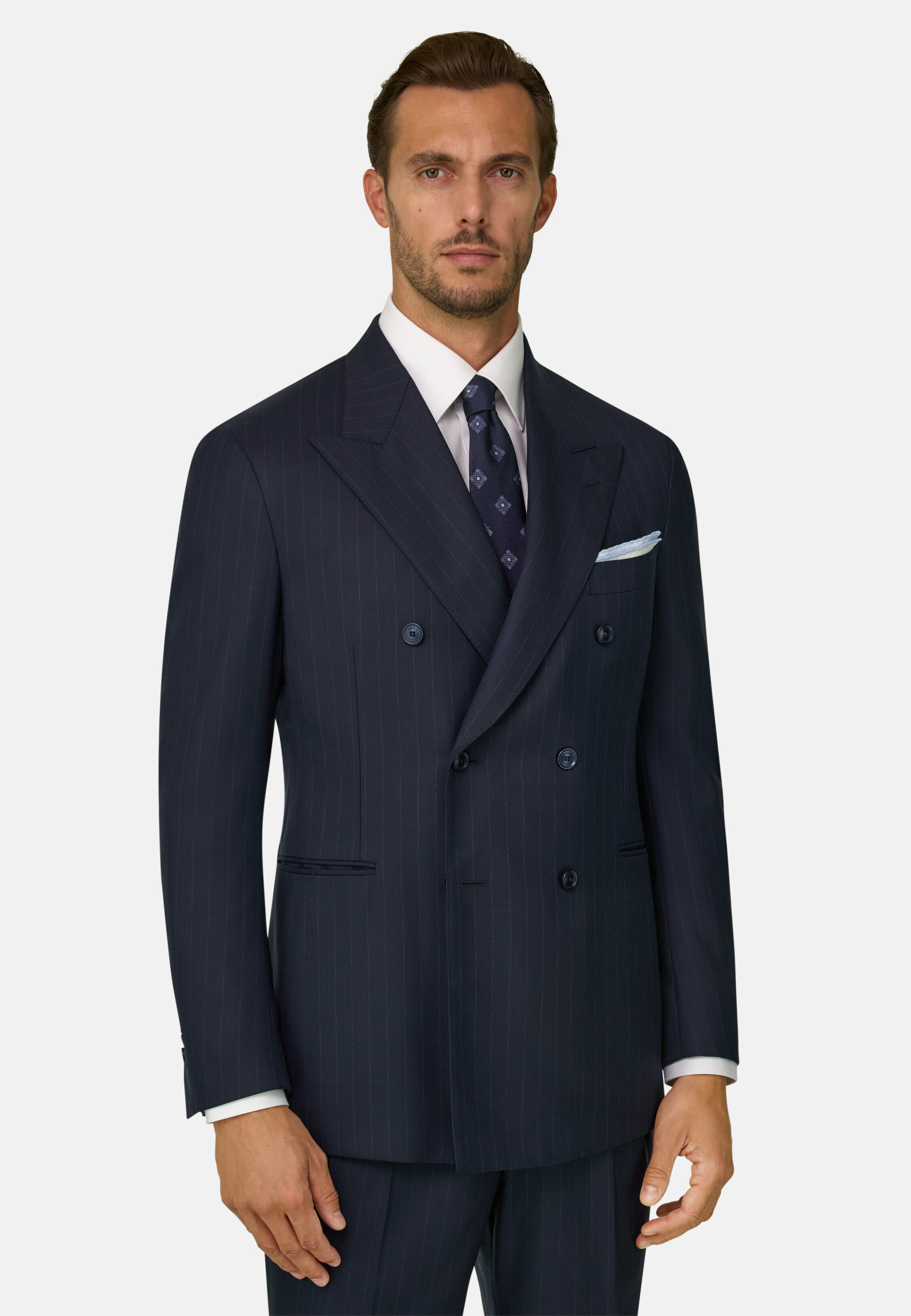 Suit Double-Breasted Herringbone Wool S130, Navy blue, hi-res, 1