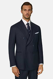 Suit Double-Breasted Herringbone Wool S130, Navy blue, thumb, 1