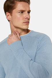 Sky Blue Crew Neck Jumper in Cotton, Silk and Cashmere, Light Blue, hi-res