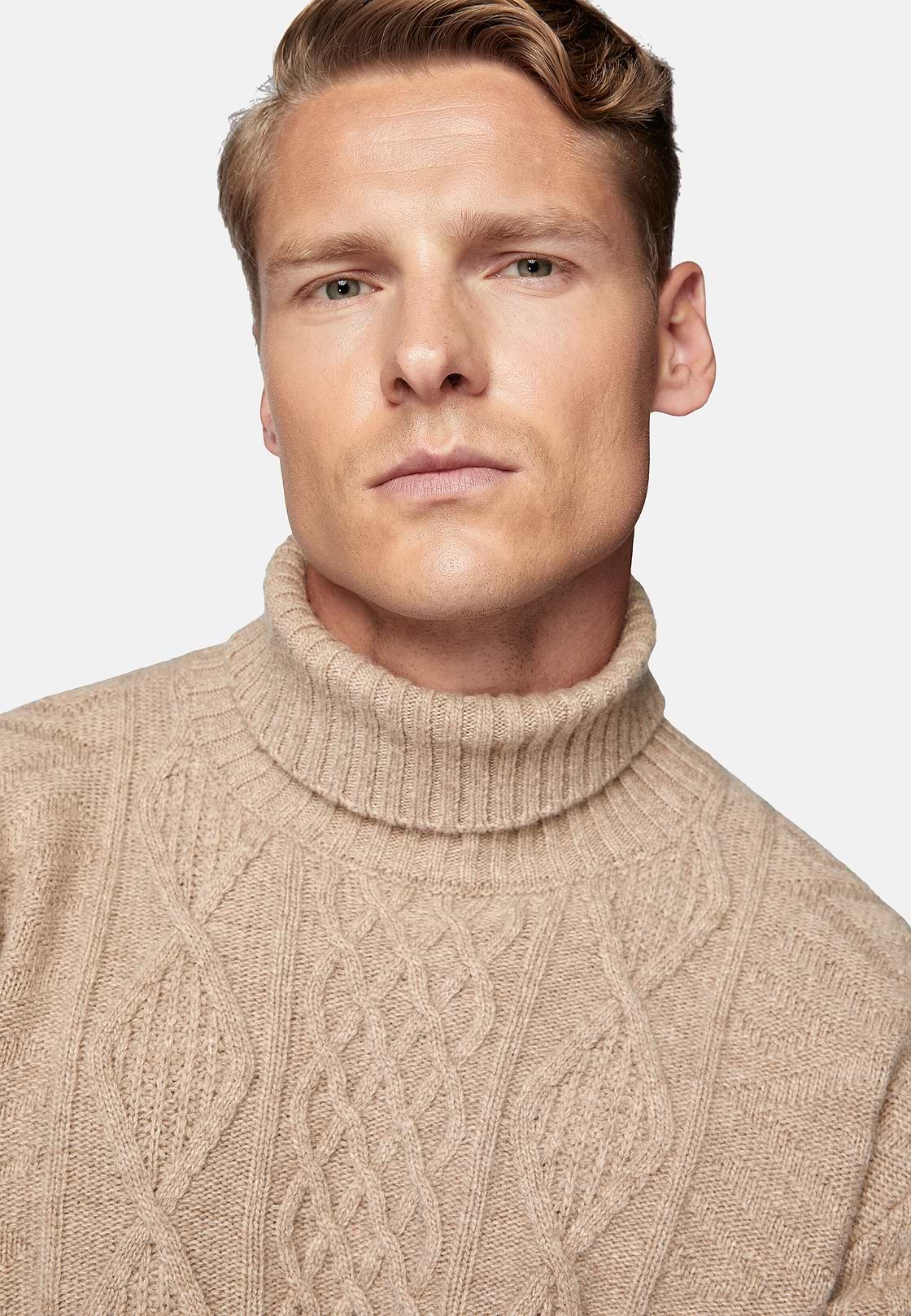 Sand Mixed Knit Polo Neck Jumper In Merino Wool, Sand, hi-res