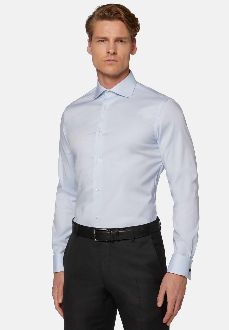 Camisa en punto de algodón Pin de corte slim, Azul claro, hi-res