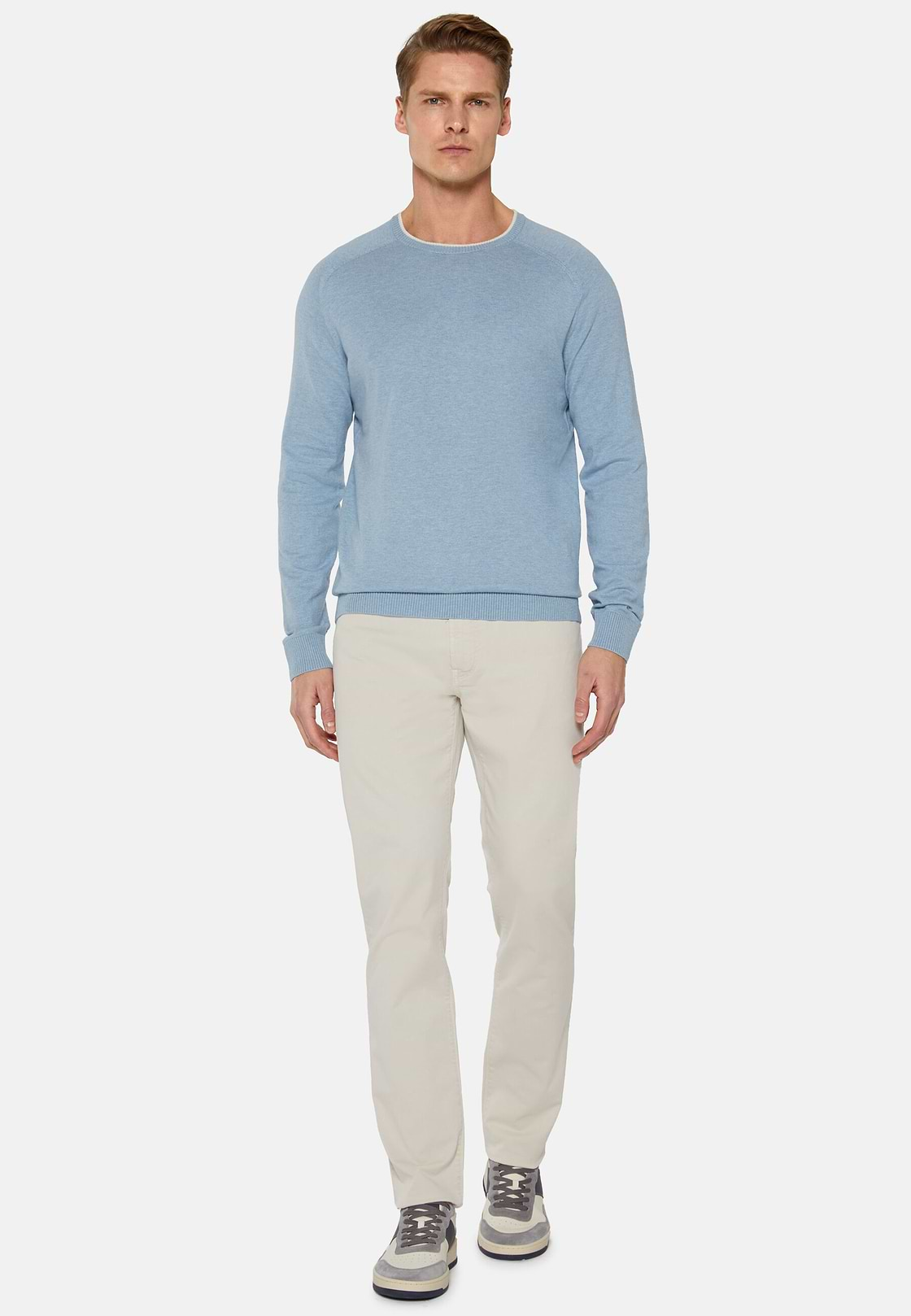 Sky Blue Crew Neck Jumper in Cotton, Silk and Cashmere, Light Blue, hi-res