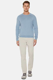 Sky Blue Crew Neck Jumper in Cotton, Silk and Cashmere, Light Blue, hi-res