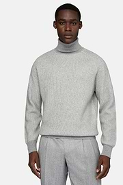 Grey Merino Wool Polo Neck Jumper, Grey, hi-res