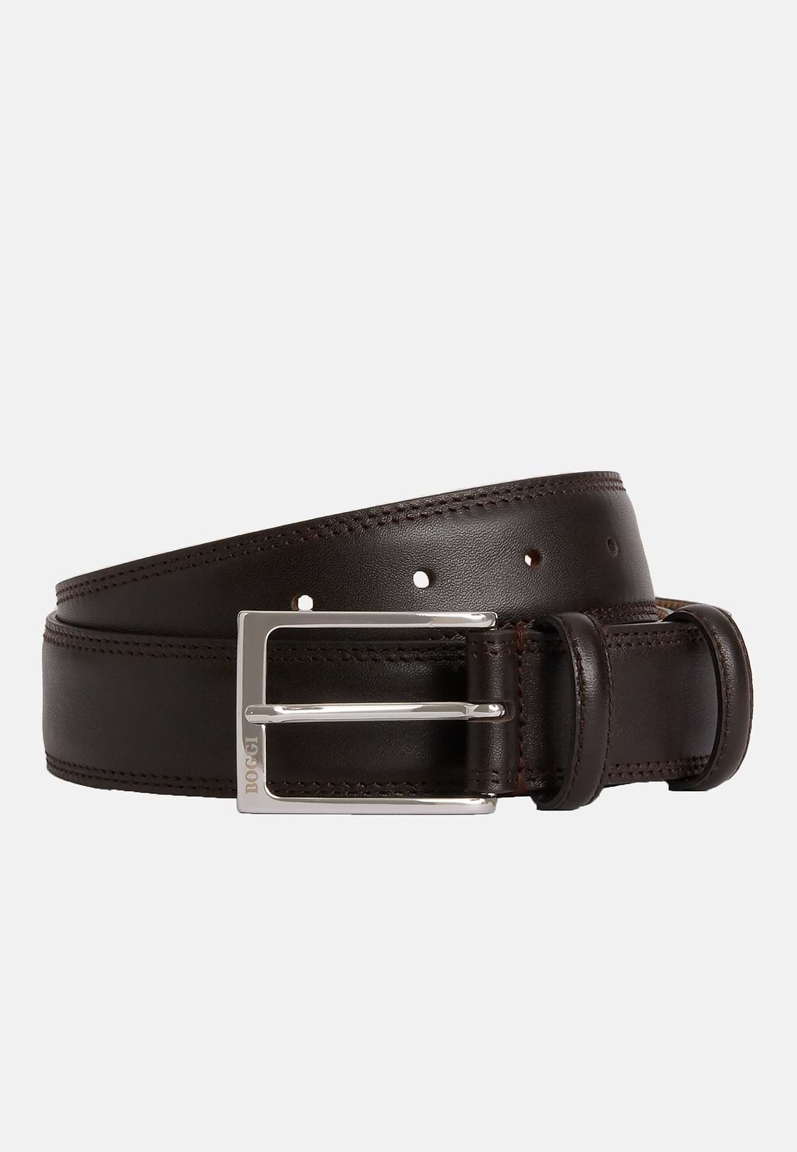 Ceinture En Cuir Foulonné Avec Coutures, Marron foncé, hi-res