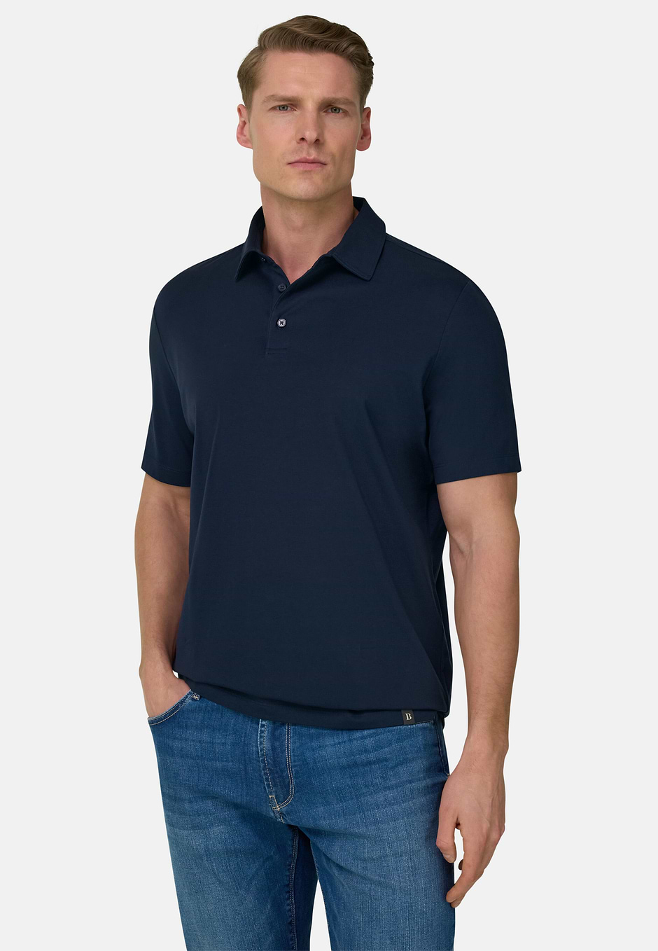 Polo Shirt In Stretch Supima Cotton, Navy Blue, hi-res