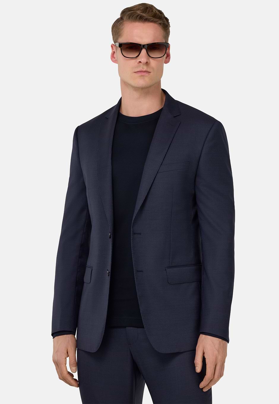Traje de raya diplomática en lana elástica, Azul  Marino, hi-res
