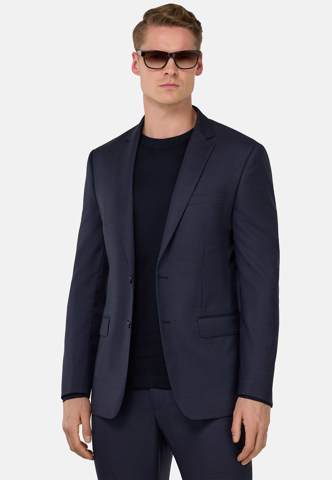 Fine Pinstripe Stretch Wool Suit, Navy blue, hi-res