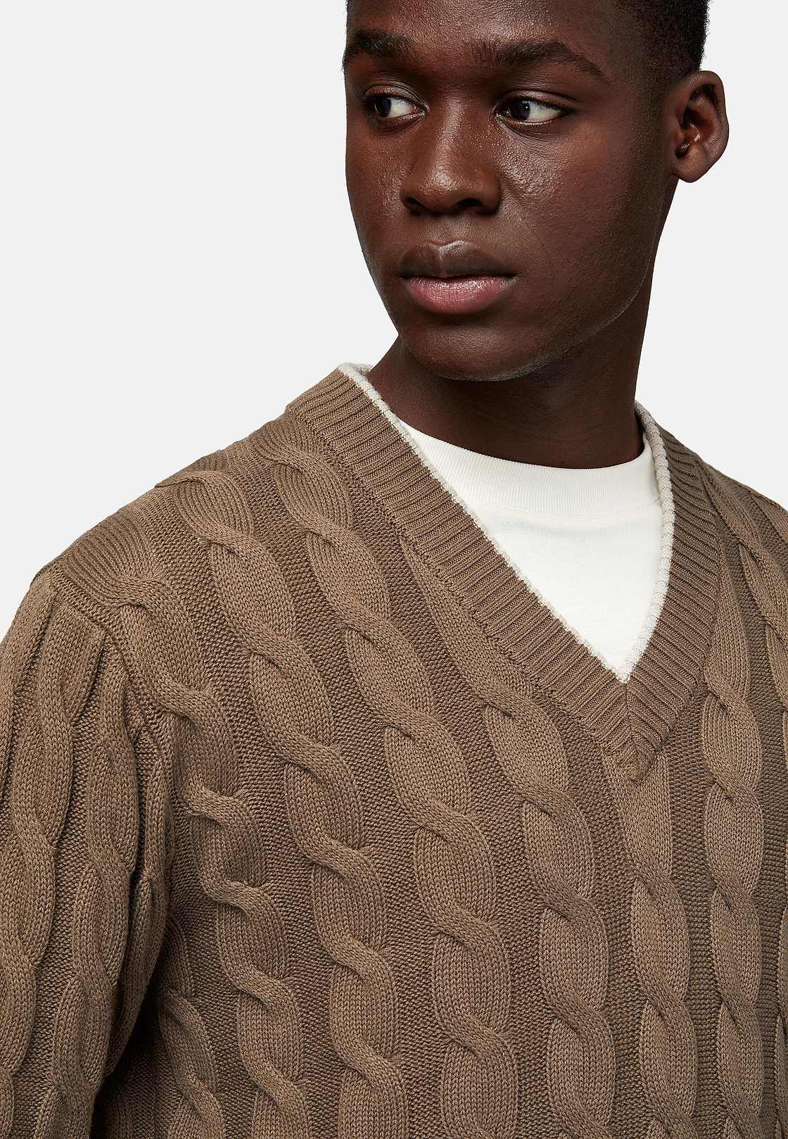 Brown V Neck Jumper In Organic Cotton Wool, Brown, hi-res