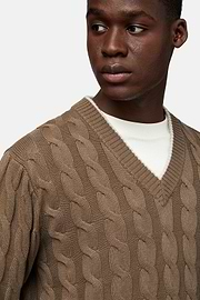 Brown V Neck Jumper In Organic Cotton Wool, Brown, hi-res