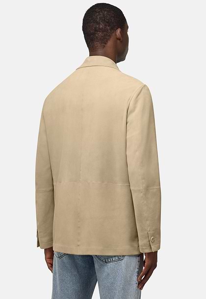 Giacca Camicia In Vera Pelle Scamosciata, Beige, hi-res