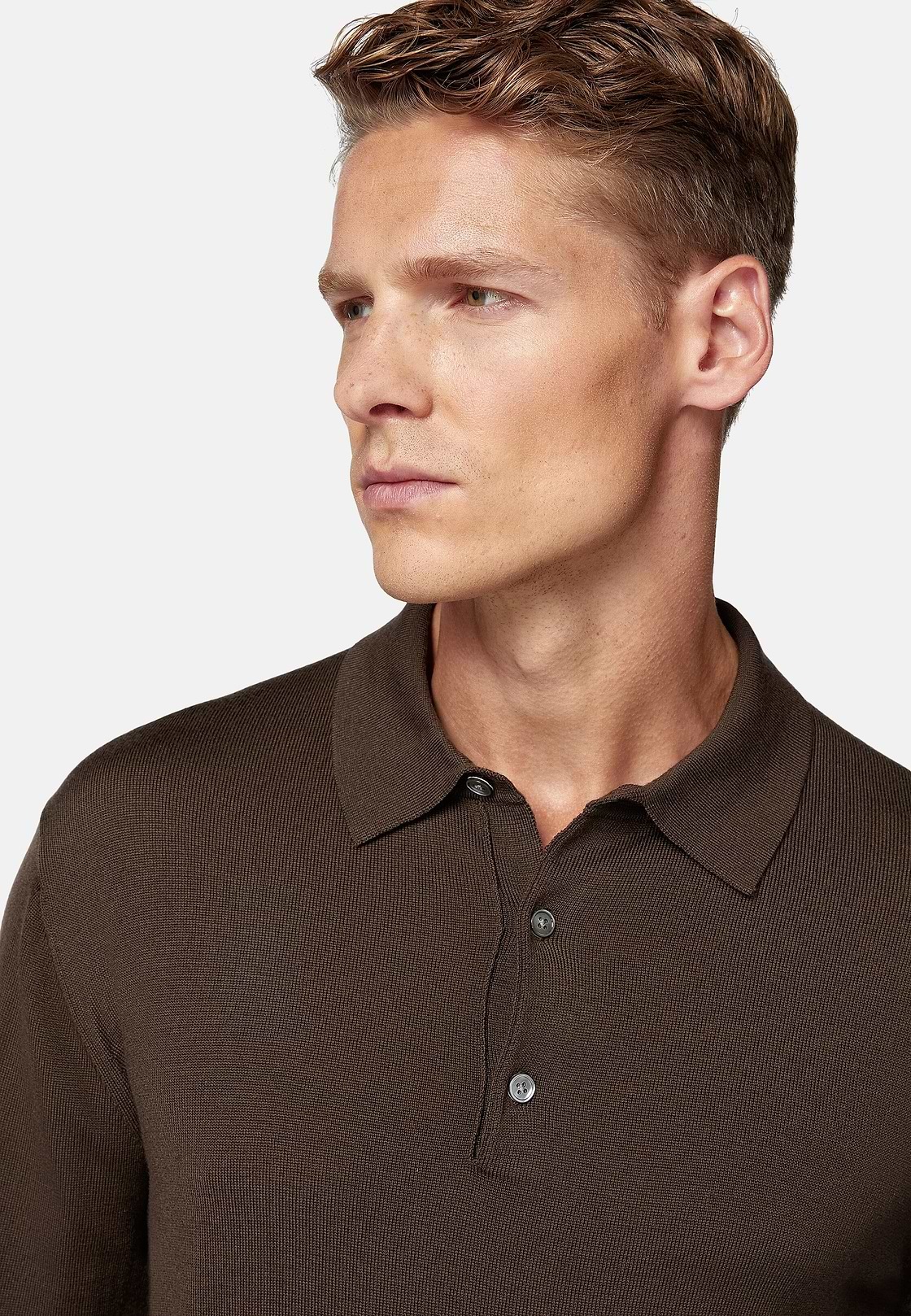 Bruin gebreid poloshirt van merinowol, Brown, hi-res