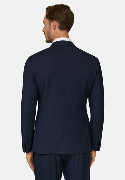 Micro patterned stretch wool blazer, Navy blue, hi-res