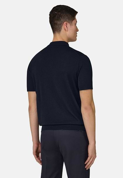 Koszulka polo dzianinowa z supercienkiej wełny, Navy blue, hi-res